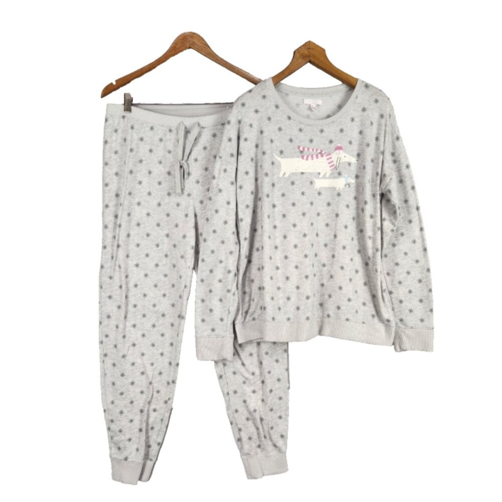 Lauren Conrad Dachshund Pajama Set Womens L Gray Snowflake Poly Knit Stretch